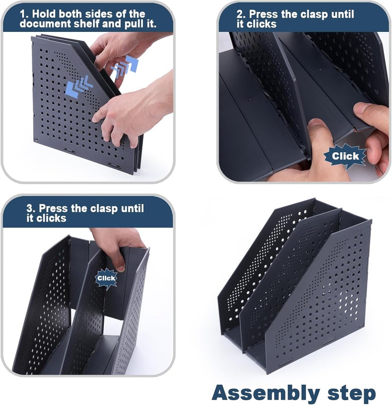 FRETONBA Collapsible Magazine File Holder with 2 Vertical Compartments Foldable Binder Holder for Desk Binder Storage Organizer Plastic Magazine Holders for Shelf, Dark Gray - Image 5